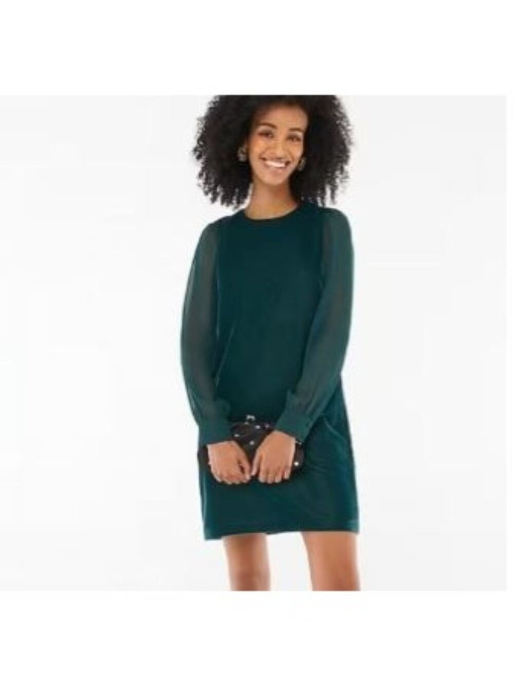 J. Crew Dress Size 00 Velvet Mini Dark Green Sheer Sleeve Back Zip Up
